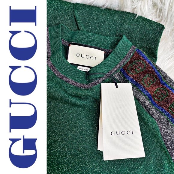 NWT GUCCI Metallic Green Short Sleeve Crew Neck Mini T-Shirt Dress, Size Small - Picture 6 of 13